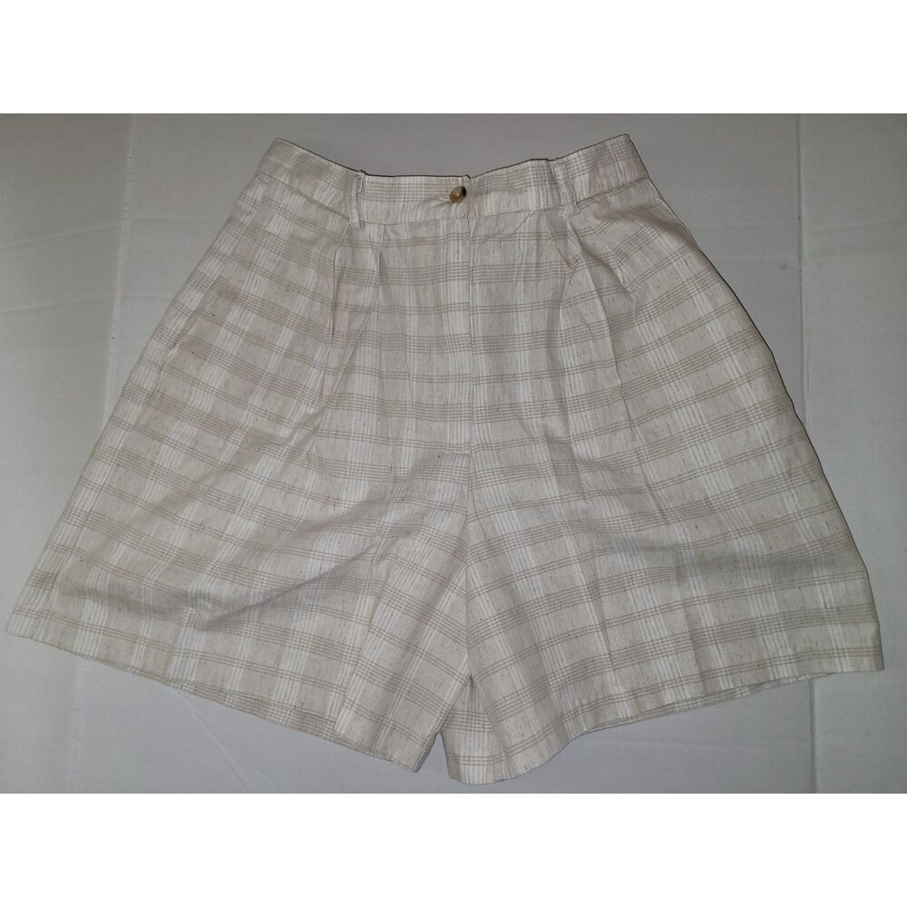 Vintage Style Gingham Plaid Pleated Shorts Tan Beige White Size16 - Picture 2 of 7
